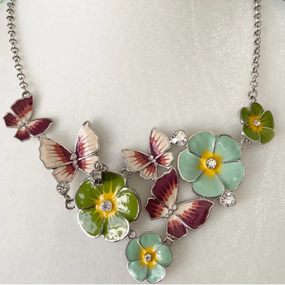 Padma Lakshmi Enamel & Rhinestones Flower Butterfly Necklace PL Rare - Picture 2 of 3